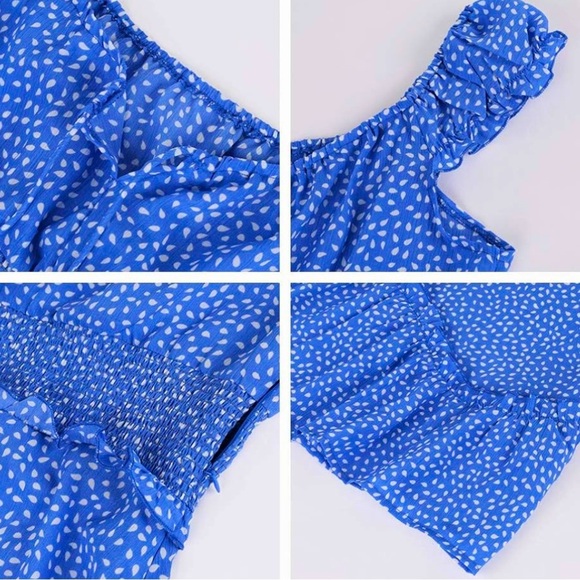 Blue Polka Dot Boho Dress Ruffle Sleeve Sweetheart Neckline Mini Cottagecore S - Picture 6 of 6